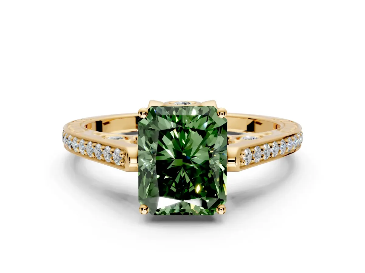 Cathedral Engagement Ring Setting for Fancy Green Radiant Cut Center with Antique-Style Pave Band and Prong Head in Yellow Gold
