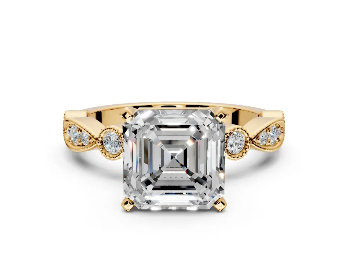 Solitaire Engagement Ring Setting for Asscher Cut Center with Milgrain Bezel Accents and Prong Head in Yellow Gold
