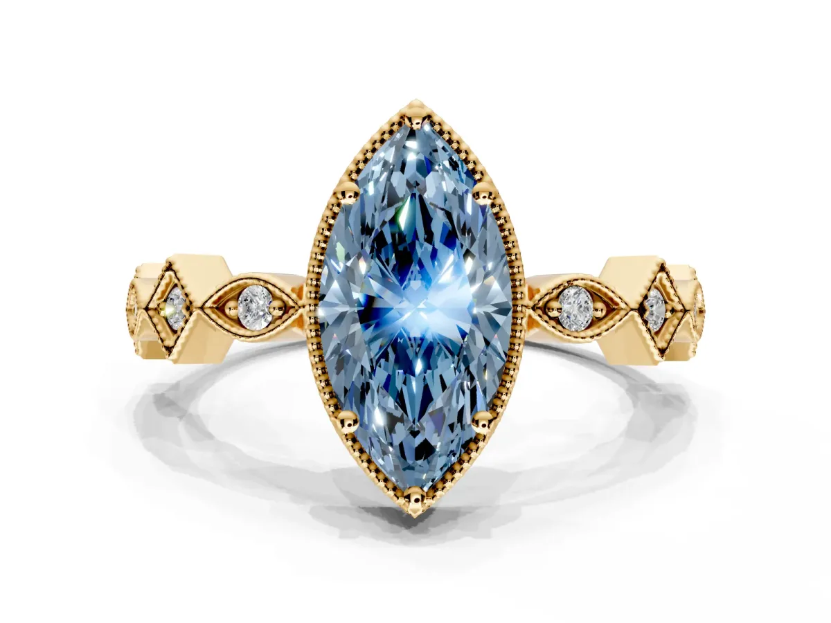 Milgrain Bezel Engagement Ring Setting for Fancy Blue Marquise Center with Marquise Stations and Bezel Head in Yellow Gold