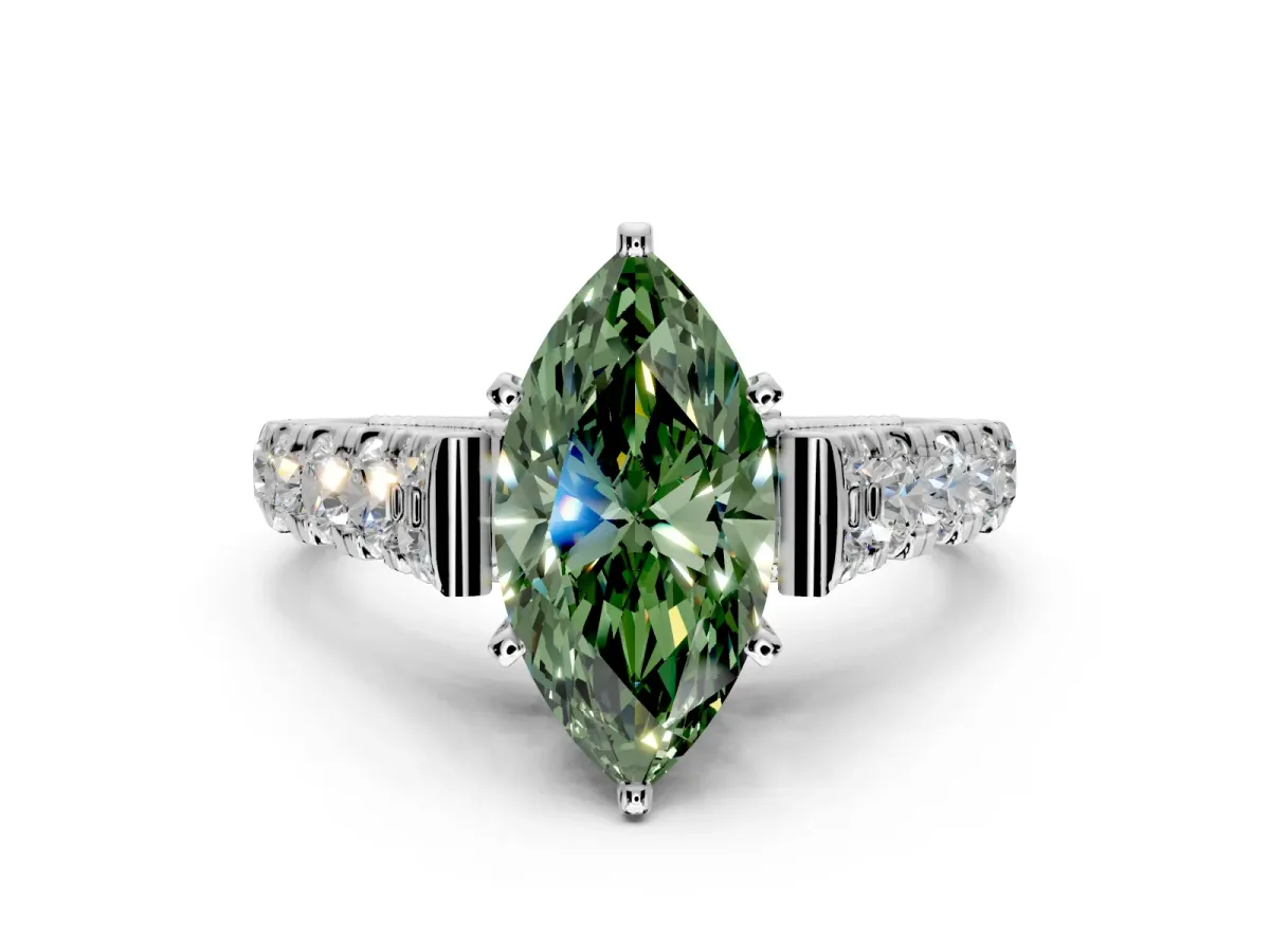 Solitaire Engagement Ring Setting for Fancy Green Marquise Center with Pave Cathedral Shoulders and Prong Head in Platinum