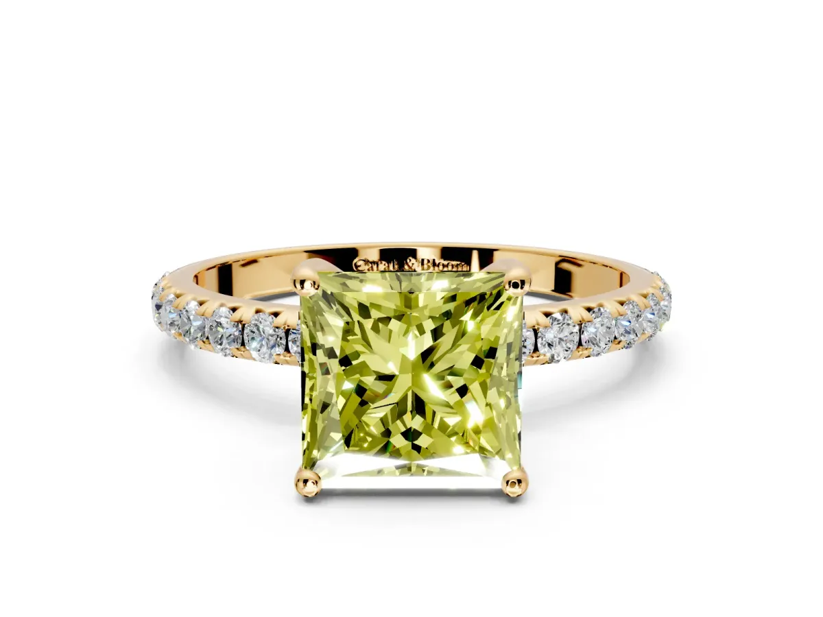 Solitaire Engagement Ring Setting for Fancy Yellow Princess Cut Center with Micro Pave Band and Prong Head in Yellow Gold