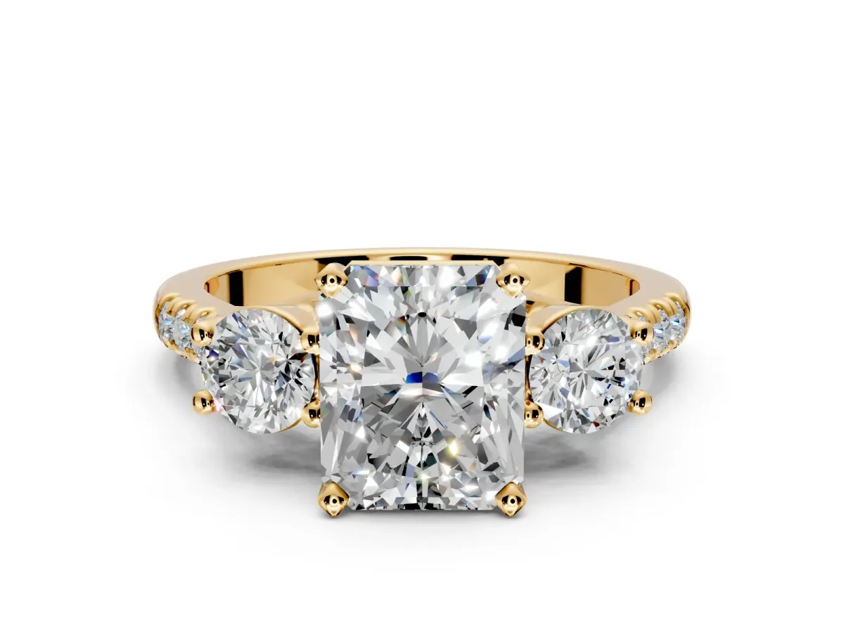 3 Stone Engagement Ring Setting for Radiant Cut Center with Crossover Basket, Pave Band and Prong Head in Yellow Gold