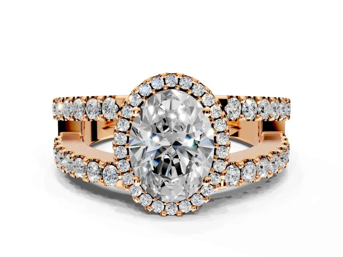 Halo Engagement Ring Setting for Oval Center with Wide-Open Pave Split Shank and Prong Head in Rose Gold