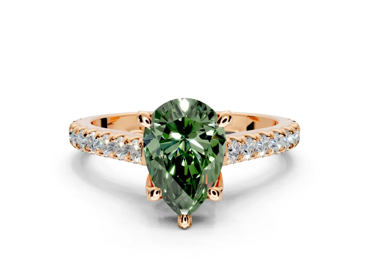 Solitaire Engagement Ring Setting for Fancy Green Pear-Shaped Center with Widening Pave Band and Claw Prong Head in Rose Gold