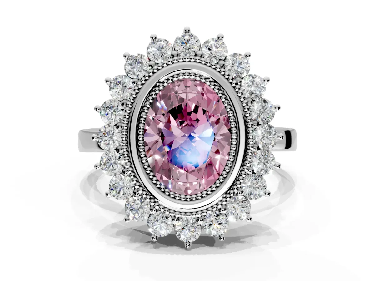 Halo Engagement Ring Setting for Fancy Pink Oval Center with Milgrain Bezel Rim, Plain Band and Prong Head in Platinum