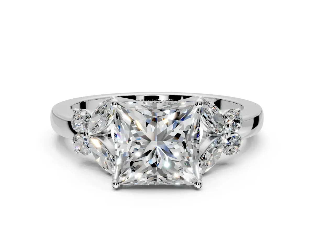 Solitaire Engagement Ring Setting for Princess Cut Center with Marquise Flower Shoulders and Prong Head in Sterling Silver