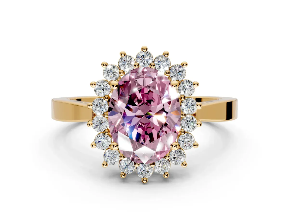 Starburst Halo Engagement Ring Setting for Fancy Pink Oval Center with Flat Cathedral Band and Prong Head in Yellow Gold