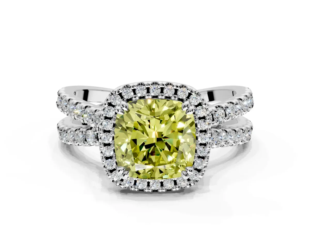 Halo Engagement Ring Setting for Fancy Yellow Cushion Cut Center with Double Pave Split Shank and Prong Head in Sterling Silver