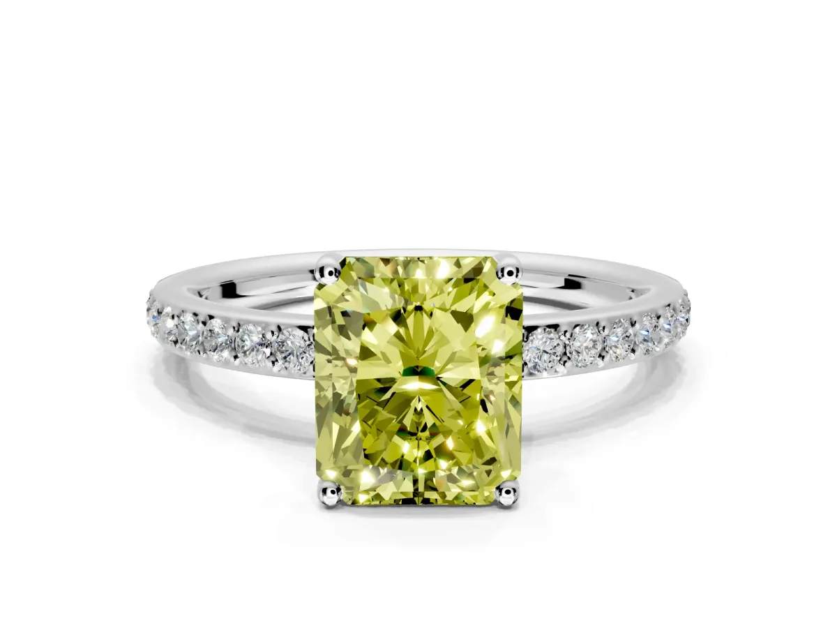 Solitaire Engagement Ring Setting for Fancy Yellow Radiant Cut Center with Fine Pave Band and Prong Head in Platinum