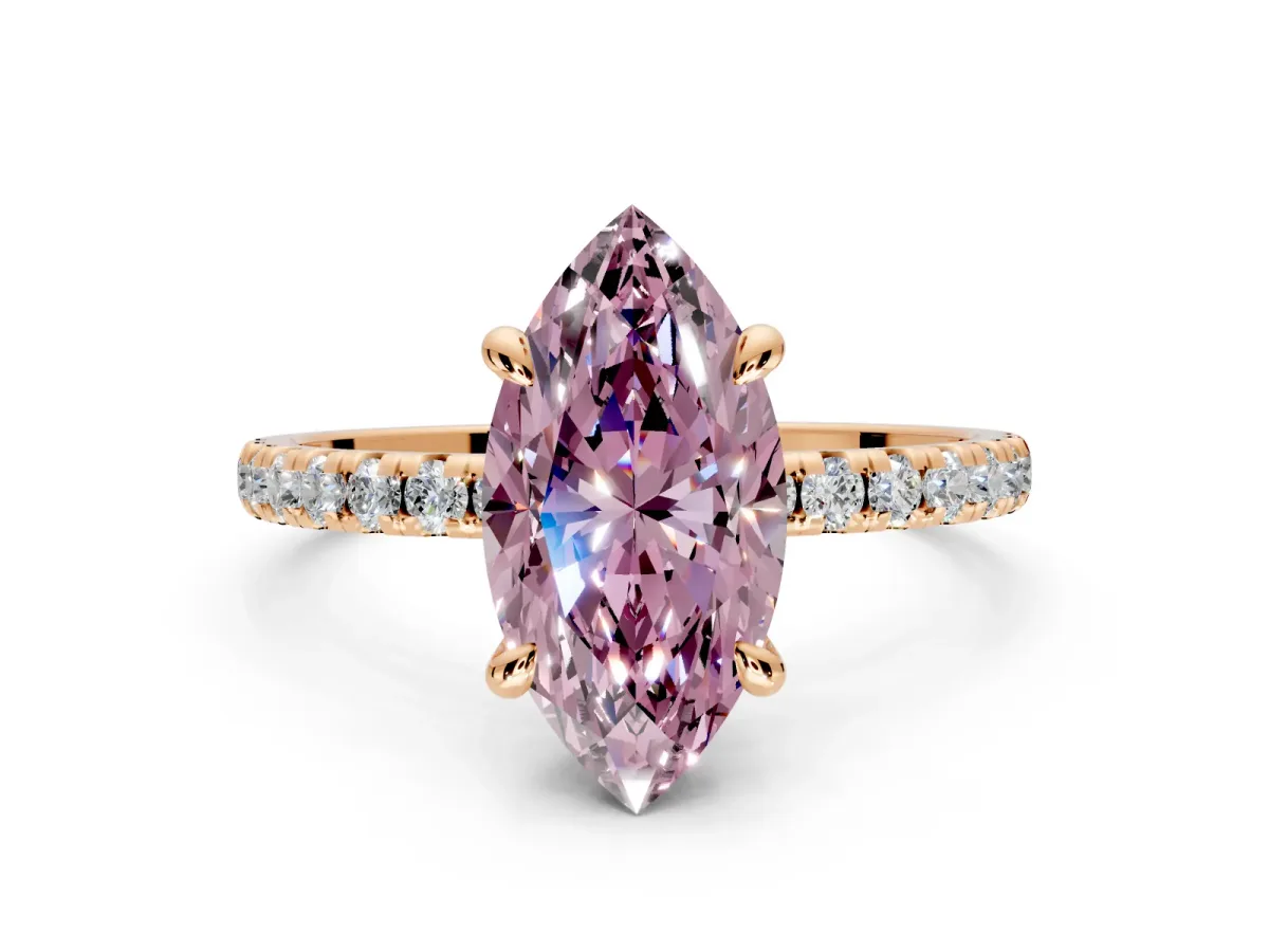 Solitaire Engagement Ring Setting for Fancy Pink Marquise Center with Fine Pave Narrow Band and Prong Head in Rose Gold