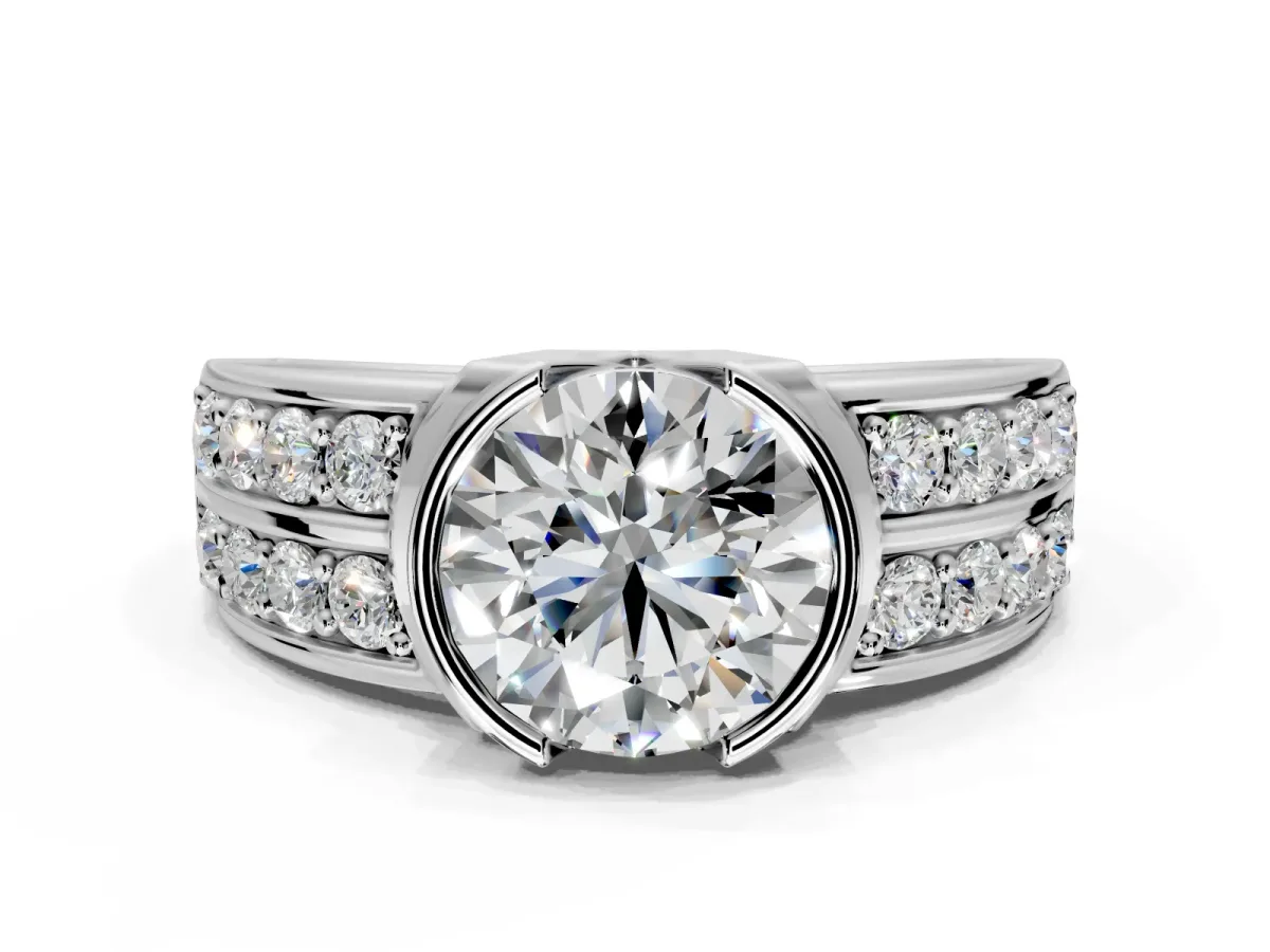Bezel Engagement Ring Setting for Round Cut Center with Wide Channel-Set Band and Bezel Head in Platinum
