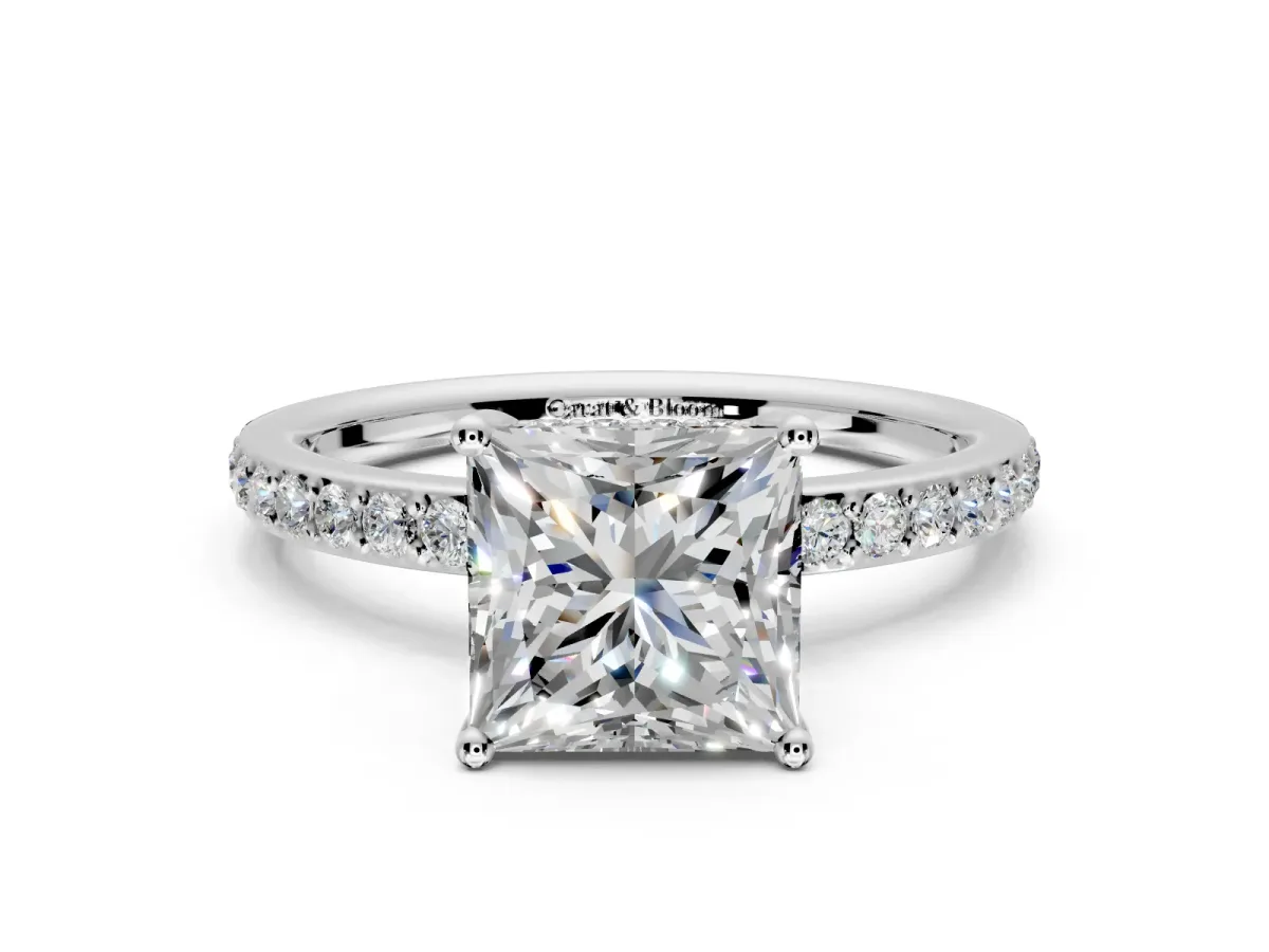 Solitaire Engagement Ring Setting for Princess Cut Center with Fine Pave Band and Prong Head in Platinum