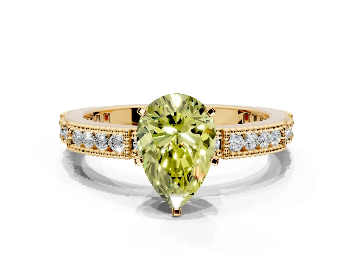 Solitaire Engagement Ring Setting for Fancy Yellow Pear-Shaped Center with Milgrain-Edged Pave Band and Prong Head in Yellow Gold