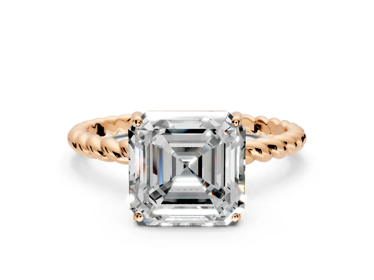 Solitaire Engagement Ring Setting for Asscher Cut Center with Plain Twisted Rope Band and Prong Head in Rose Gold