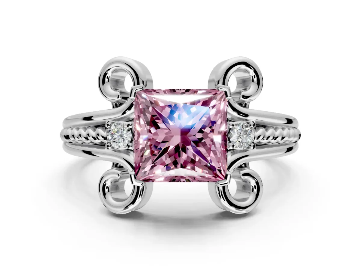 Solitaire Engagement Ring Setting for Fancy Pink Princess Cut Center with Twisted Band and Scroll Prong Head in White Gold