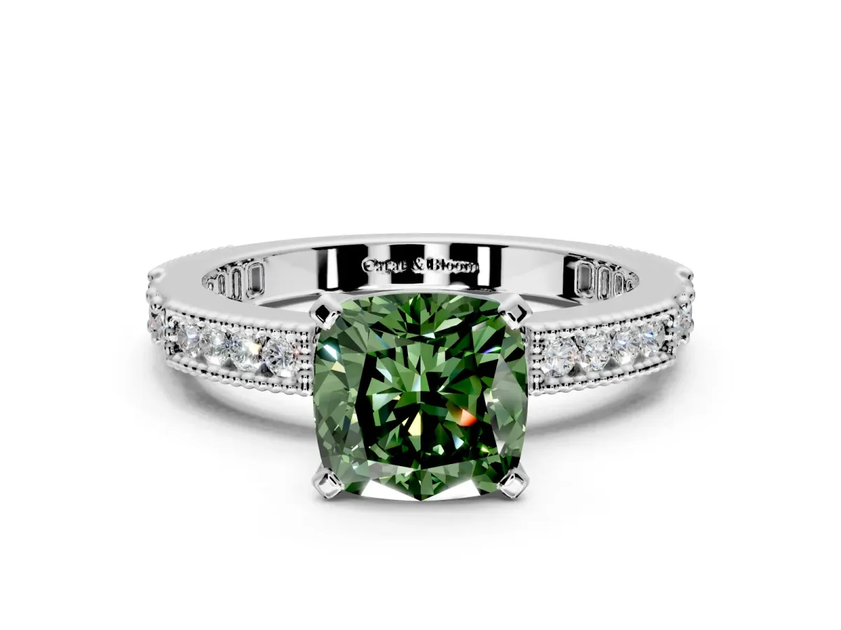 Solitaire Engagement Ring Setting for Fancy Green Cushion Cut Center with Milgrain-Edged Pave Band and Prong Head in Sterling Silver