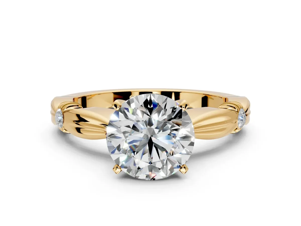 Solitaire Engagement Ring Setting for Round Cut Center with Carved Leaf Shoulders and Prong Head in Yellow Gold