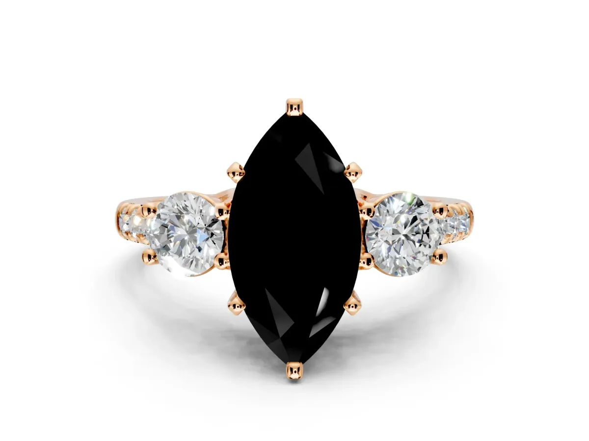 3 Stone Engagement Ring Setting for Fancy Black Marquise Center with Crossover Basket, Pave Band and Prong Head in Rose Gold
