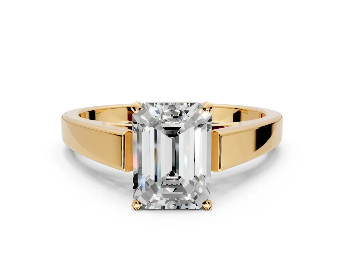 Solitaire Engagement Ring Setting for Emerald Cut Center with Tapered Split Shoulders and Prong Head in Yellow Gold