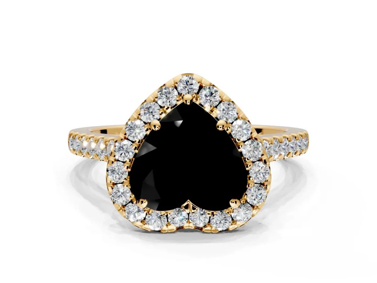 Halo Engagement Ring Setting for Fancy Black Heart-Shaped Center with Narrowing Pave Band and Prong Head in Yellow Gold
