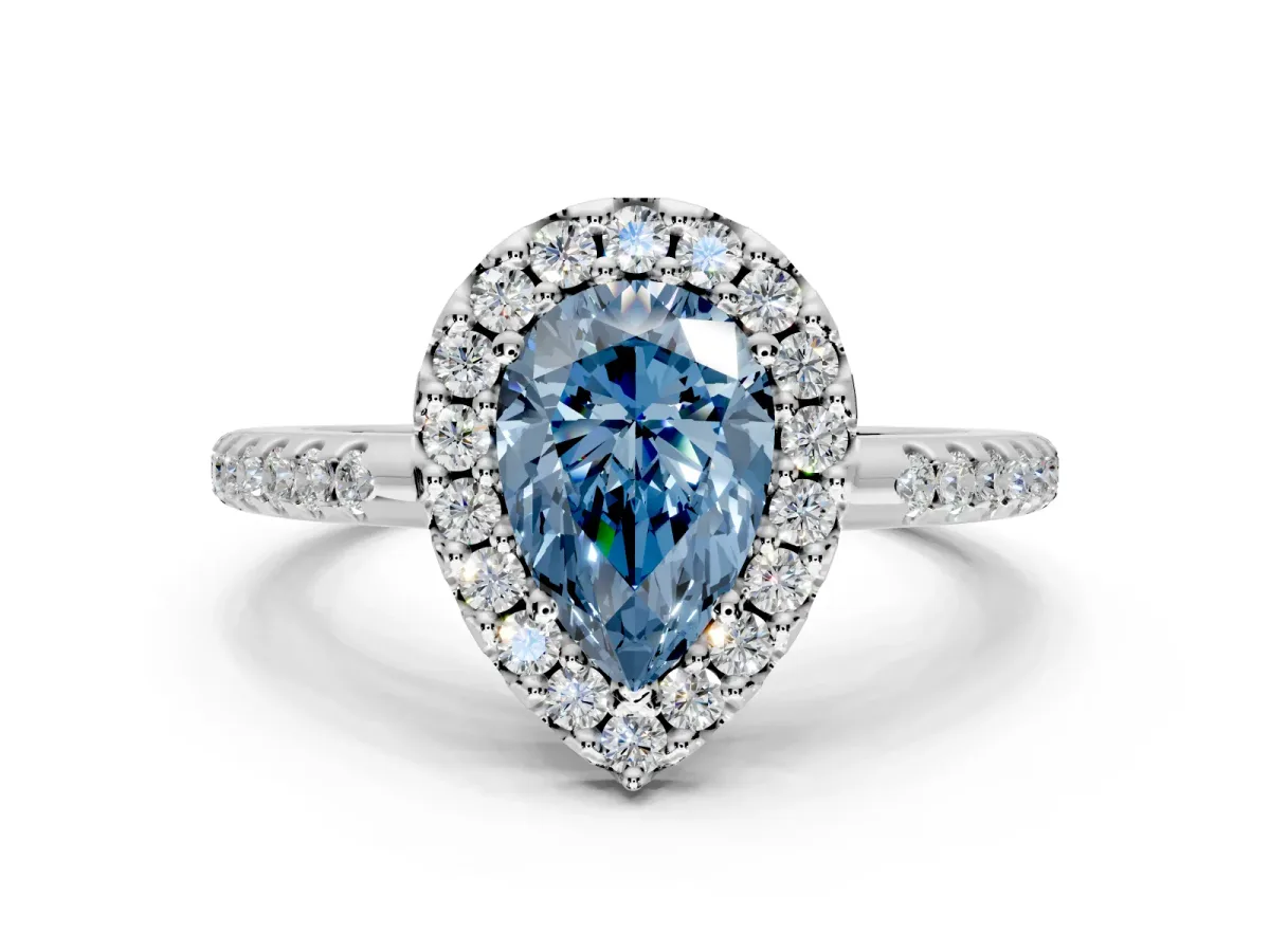 Pave Halo Engagement Ring Setting for Fancy Blue Pear-Shaped Center with Single Row Pave Band and Prong Head in Platinum