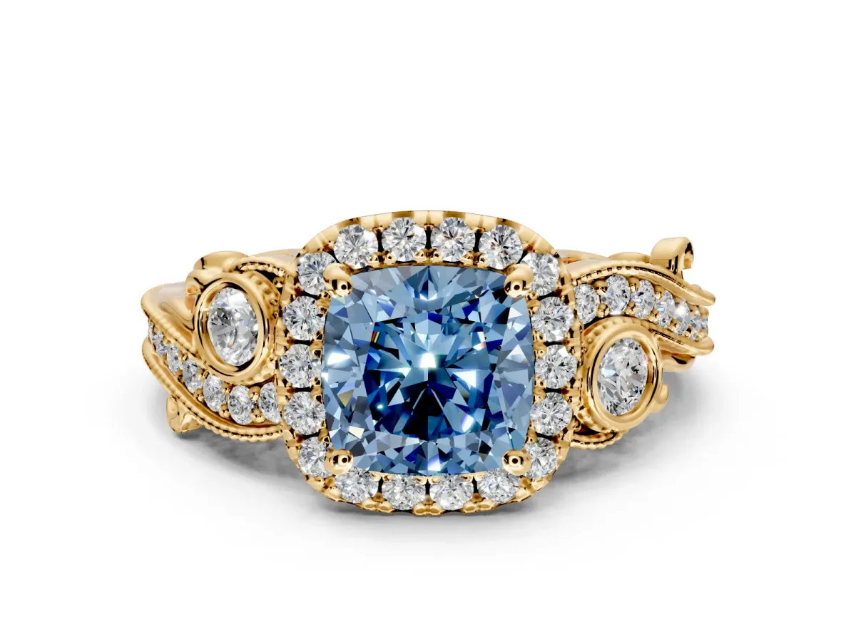 Milgrain Halo Engagement Ring Setting for Fancy Blue Cushion Cut Center with Shoulder Bezels and Prong Head in Yellow Gold