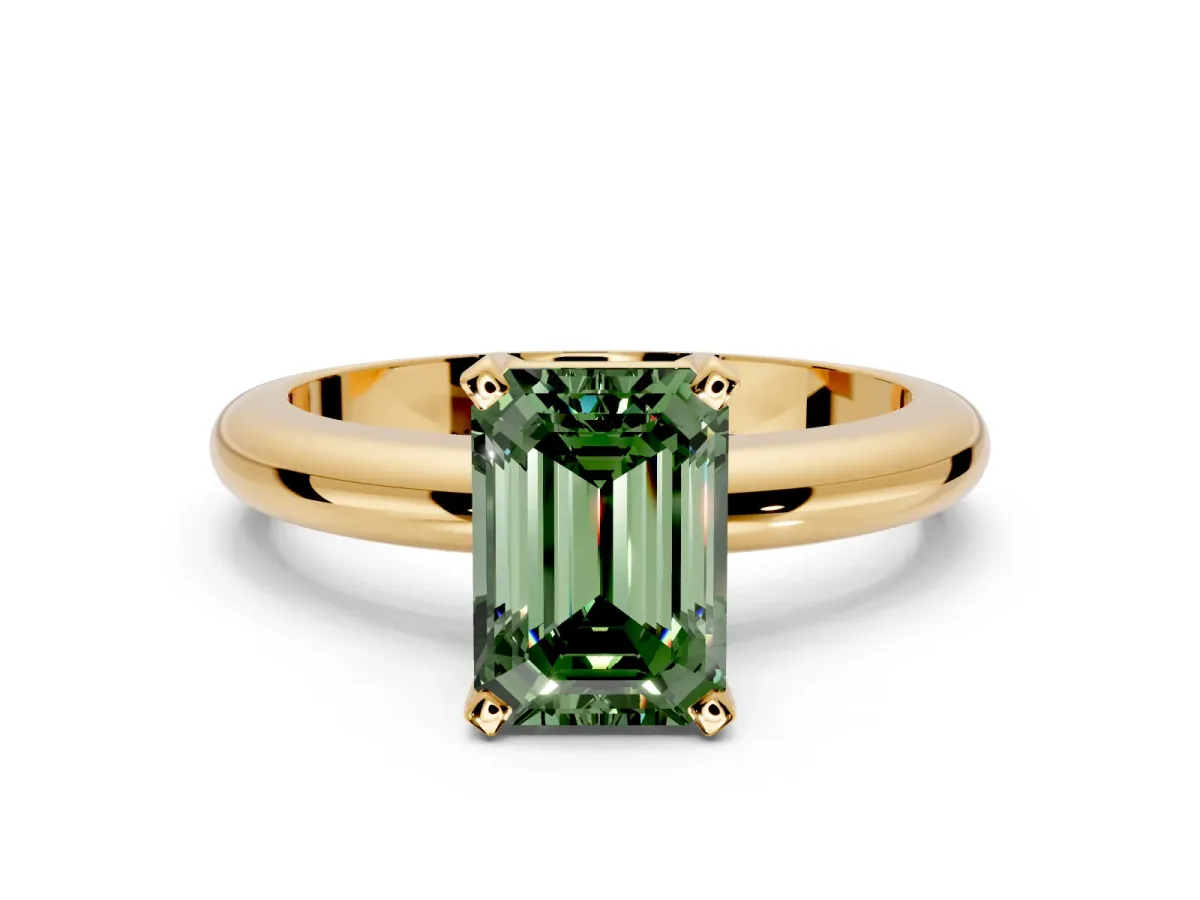Solitaire Engagement Ring Setting for Fancy Green Emerald Cut Center with Wire Band and Prong Head in Yellow Gold