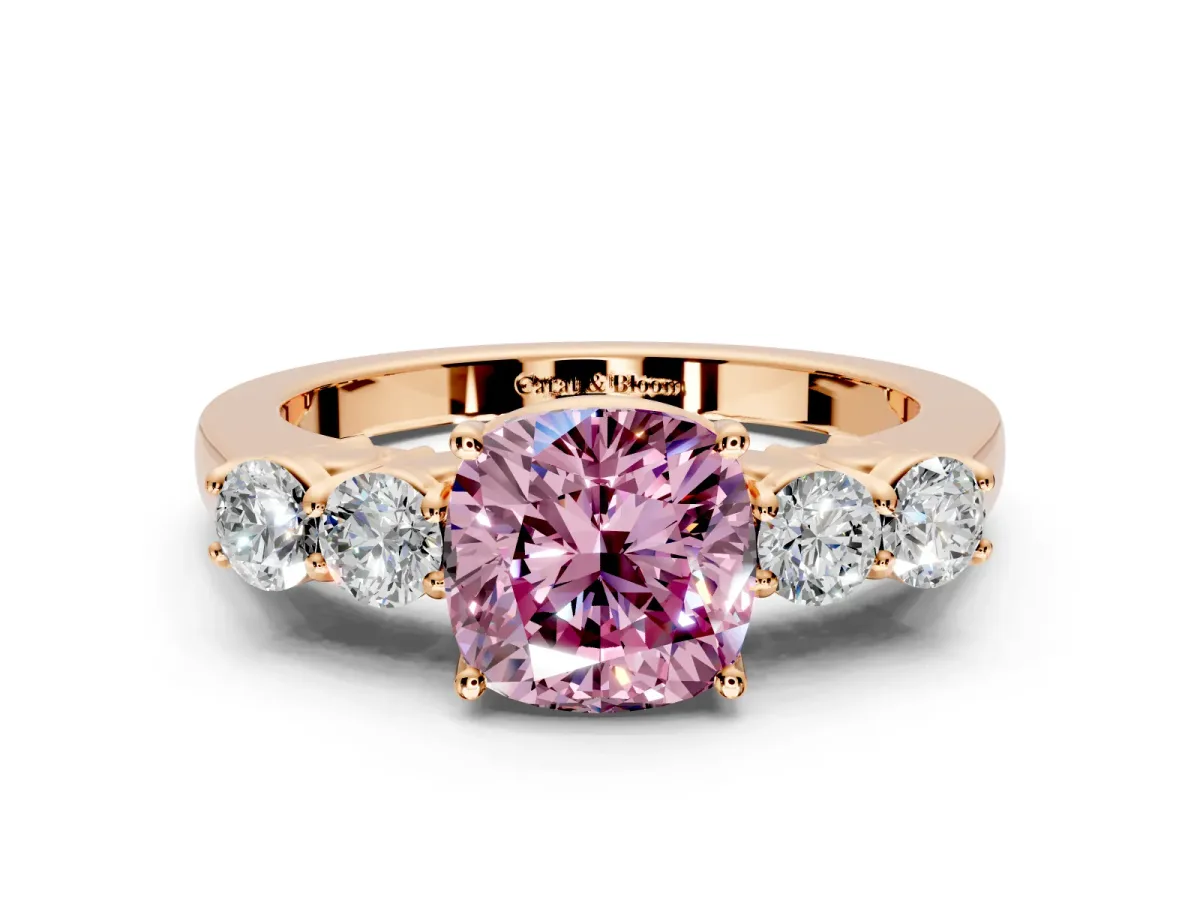 5 Stone Engagement Ring Setting for Fancy Pink Cushion Cut Center with Equal Close-Set Accents and Prong Head in Rose Gold