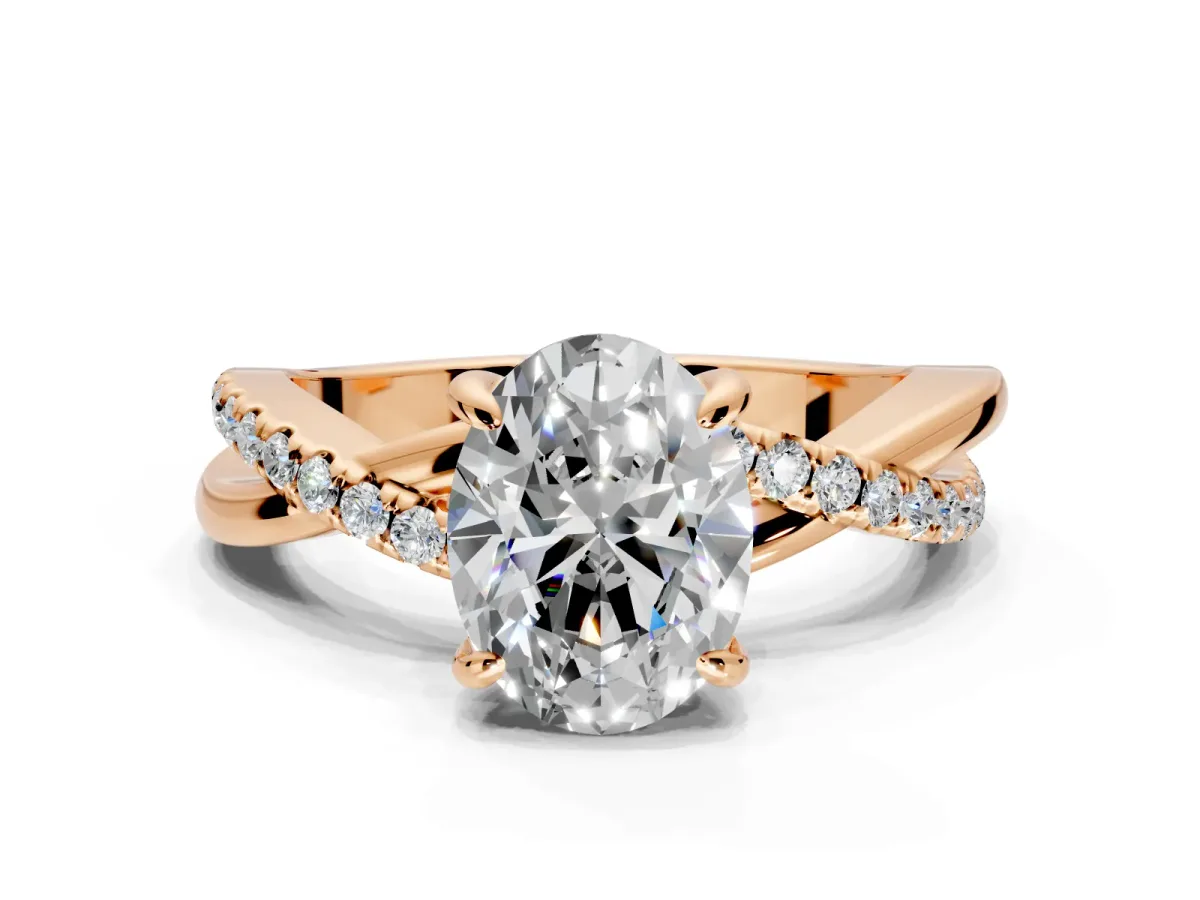 Solitaire Engagement Ring Setting for Oval Center with Half-Pave Crossover Band and Prong Head in Rose Gold