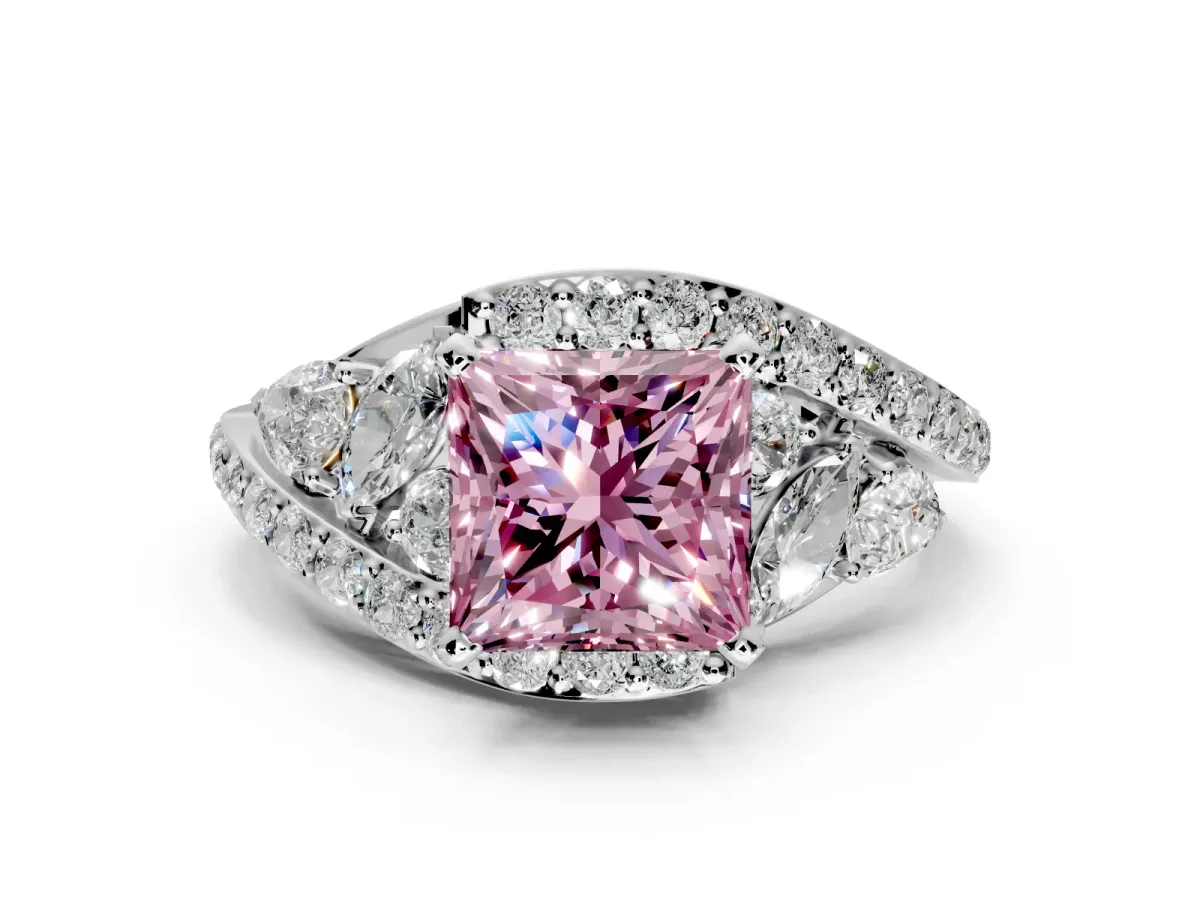 Halo Engagement Ring Setting for Fancy Pink Princess Cut Center with Marquise and Pave Bypass Band and Prong Head in Sterling Silver
