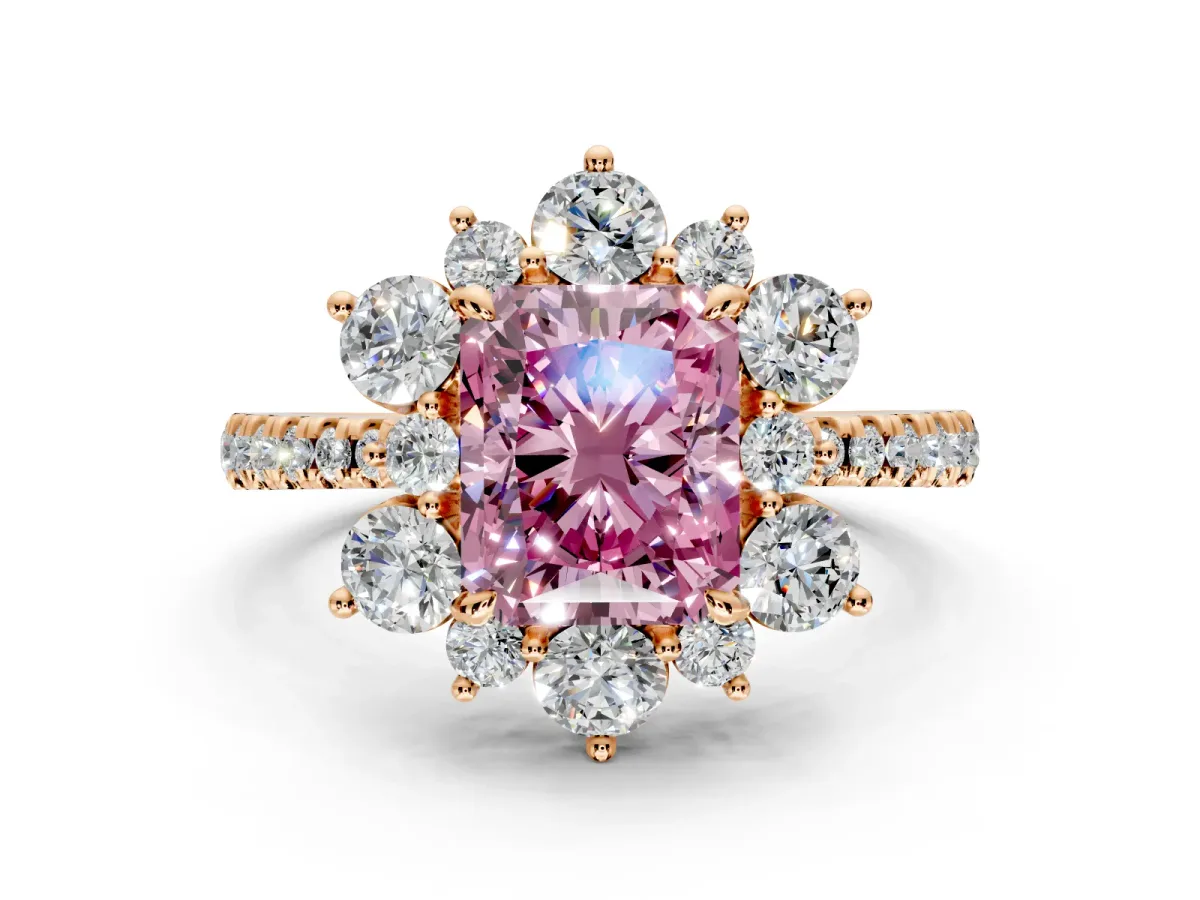 Floral Halo Engagement Ring Setting for Fancy Pink Radiant Cut Center with Pave Accents and Prong Head in Rose Gold