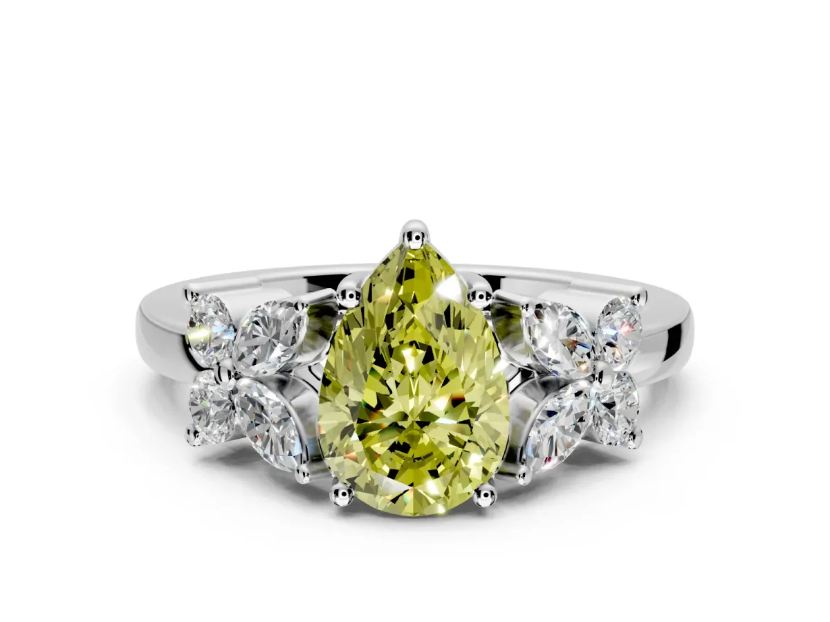 Floral Engagement Ring Setting for Fancy Yellow Pear-Shaped Center with Marquise Cluster Shoulders and Prong Head in Sterling Silver