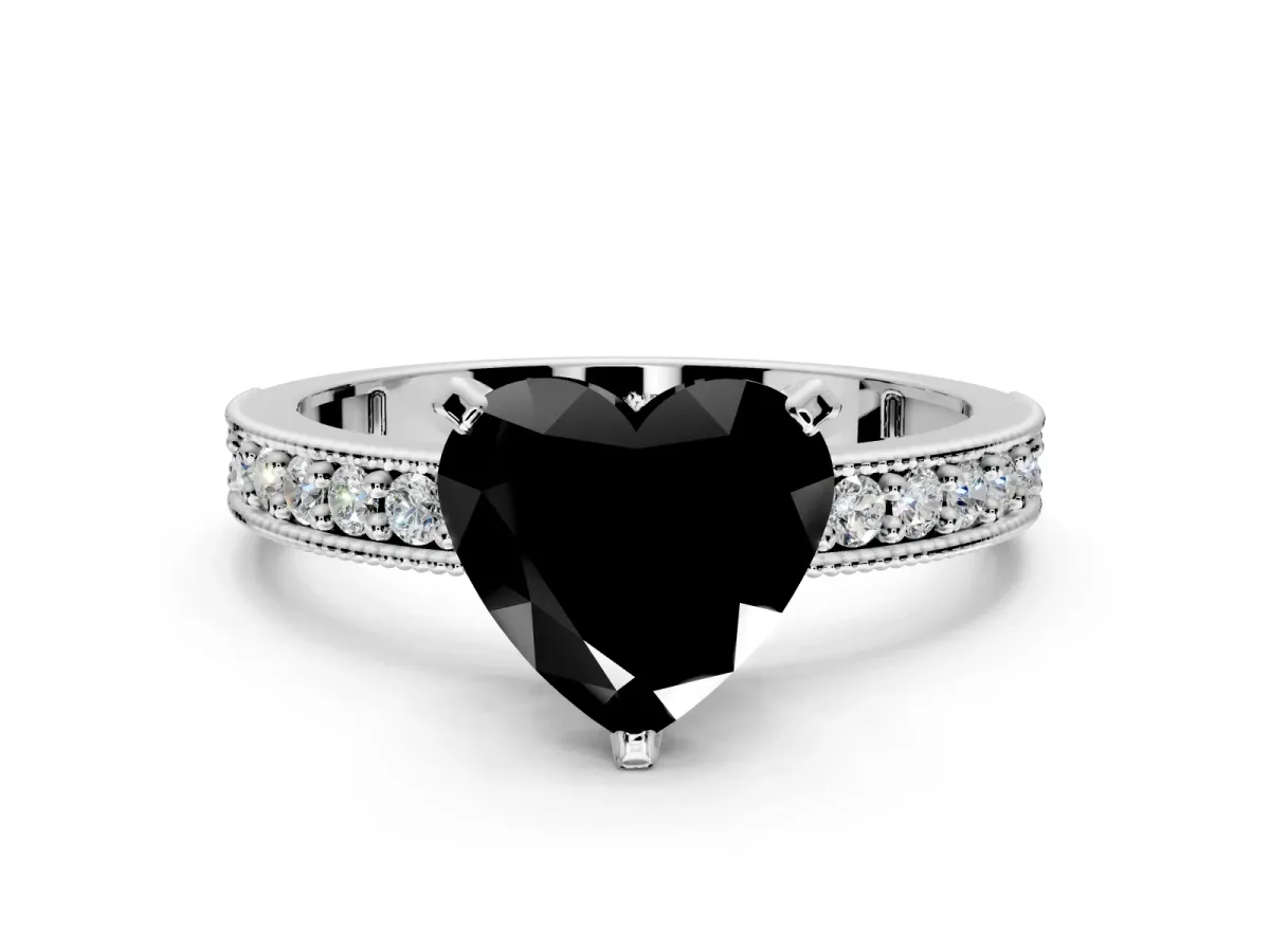 Milgrain Pave Engagement Ring Setting for Fancy Black Heart-Shaped Center with Accent Band and Prong Head in Sterling Silver