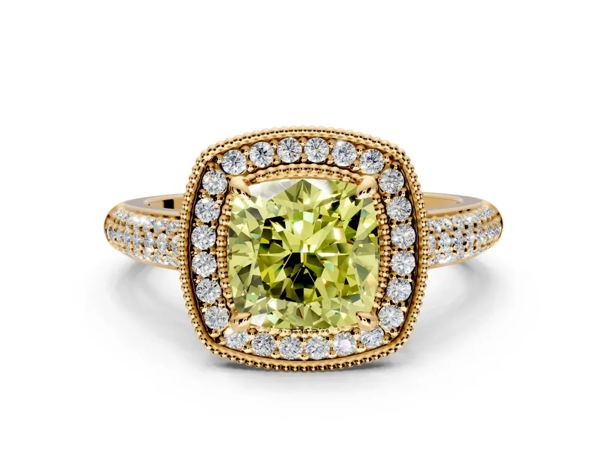 Milgrain Halo Engagement Ring Setting for Fancy Yellow Cushion Cut Center with Three-Sided Pave Band and Prong Head in Yellow Gold