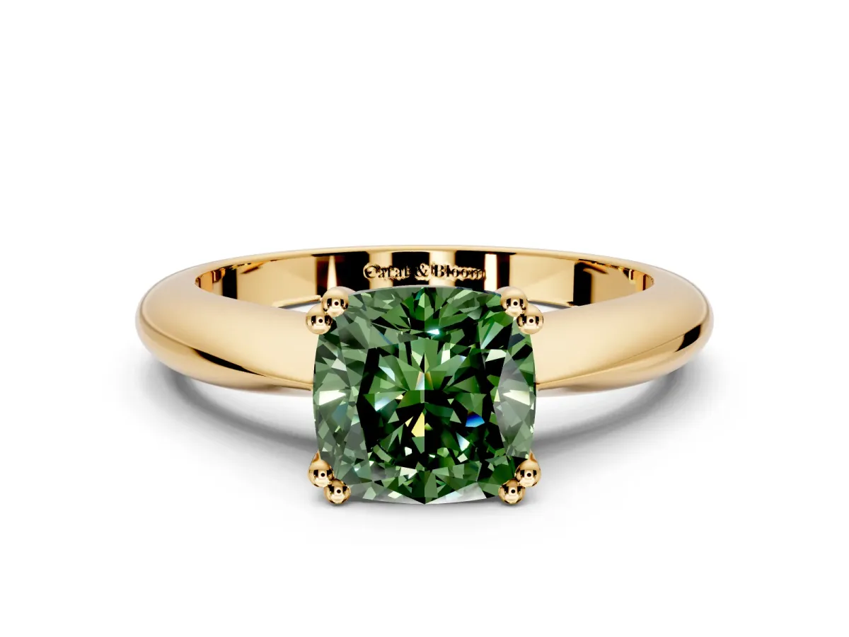 Solitaire Engagement Ring Setting for Fancy Green Cushion Cut Center with Reverse Tapered Band and Prong Head in Yellow Gold