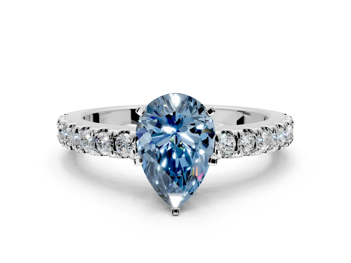 Solitaire Engagement Ring Setting for Fancy Blue Pear-Shaped Center with Single Row Accent Band and Prong Head in Platinum