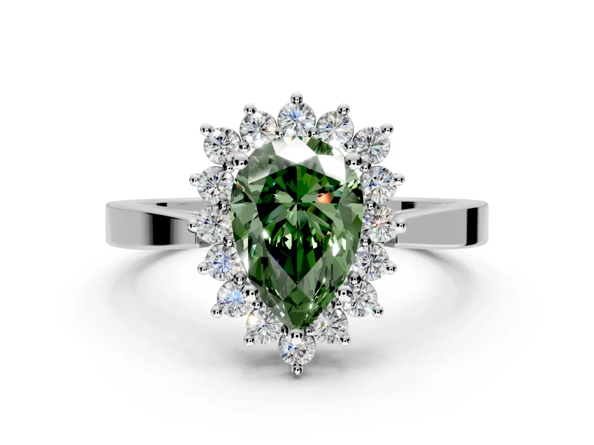 Starburst Halo Engagement Ring Setting for Fancy Green Pear-Shaped Center with Flat Cathedral Band and Prong Head in Platinum