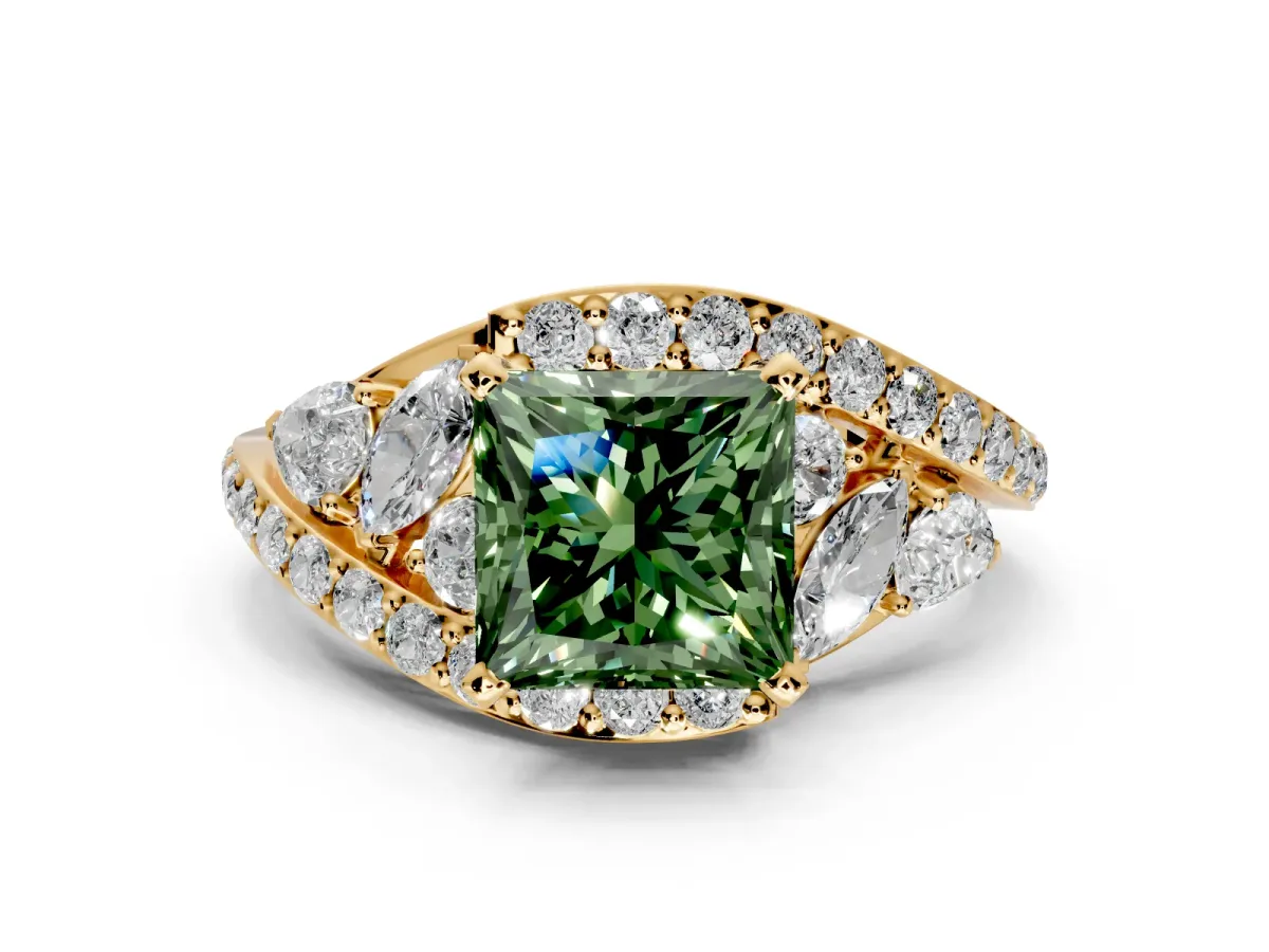 Halo Engagement Ring Setting for Fancy Green Princess Cut Center with Marquise and Pave Bypass Band and Prong Head in Yellow Gold