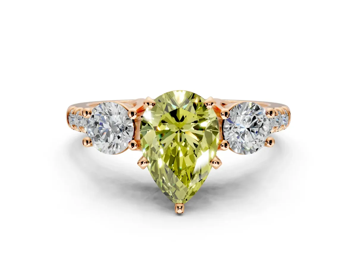 3 Stone Engagement Ring Setting for Fancy Yellow Pear-Shaped Center with Crossover Basket, Pave Band and Prong Head in Rose Gold