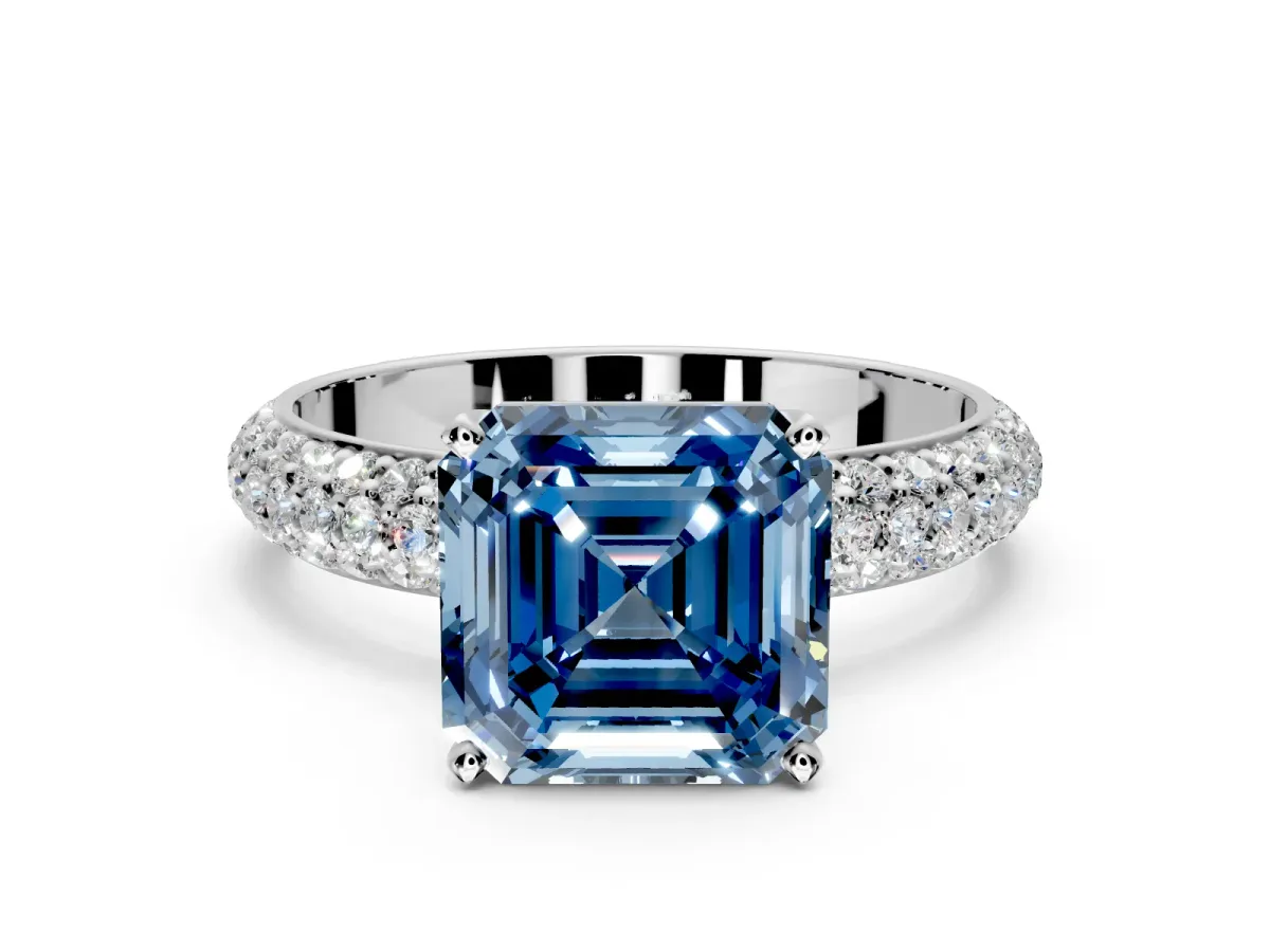 Solitaire Engagement Ring Setting for Fancy Blue Asscher Cut Center with Domed Multi-Row Pave Band and Prong Head in Sterling Silver