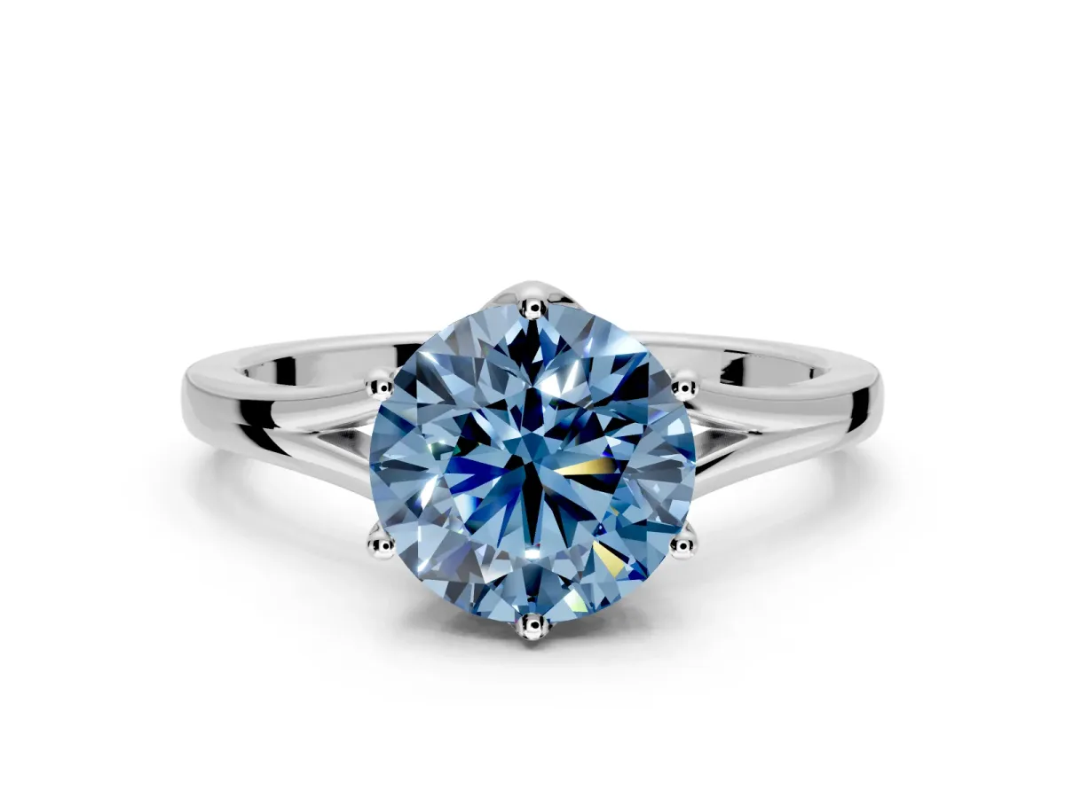 Solitaire Engagement Ring Setting for Fancy Blue Round Cut Center with Plain Split Shank and Prong Head in White Gold