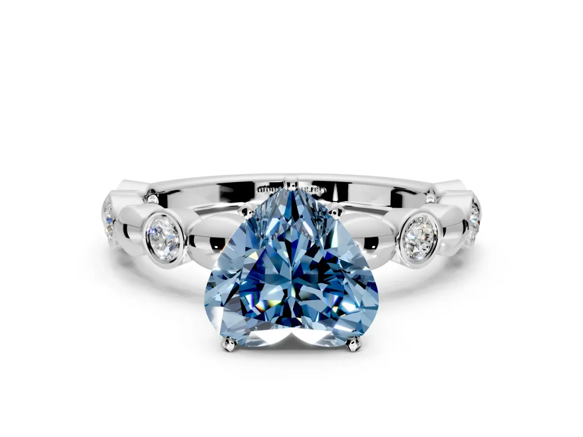 Solitaire Engagement Ring Setting for Fancy Blue Heart-Shaped Center with Beaded Bezel Station Band and Prong Head in Sterling Silver
