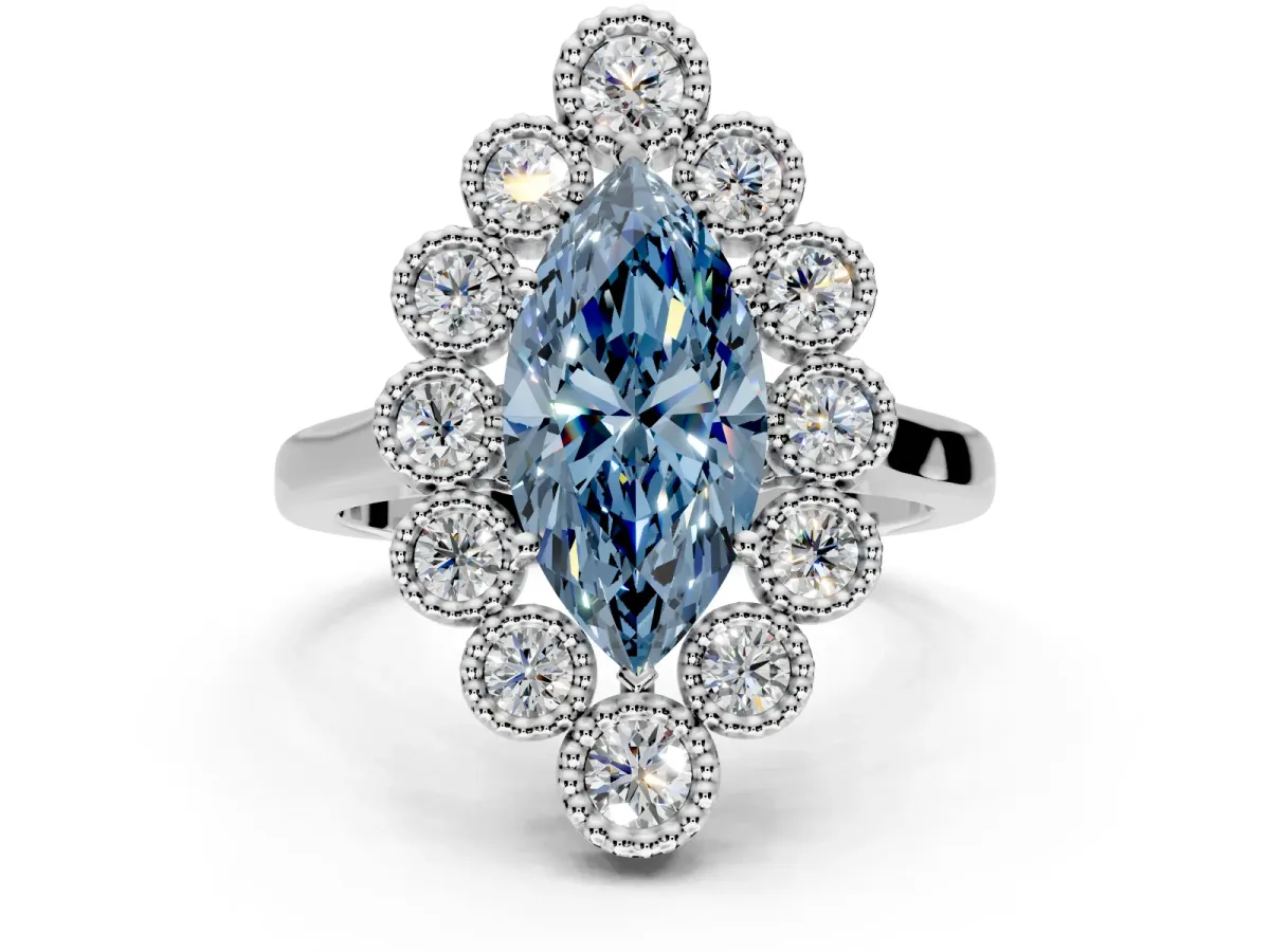 Cluster Halo Engagement Ring Setting for Fancy Blue Marquise Center with Milgrain Bezel Accents and Prong Head in White Gold