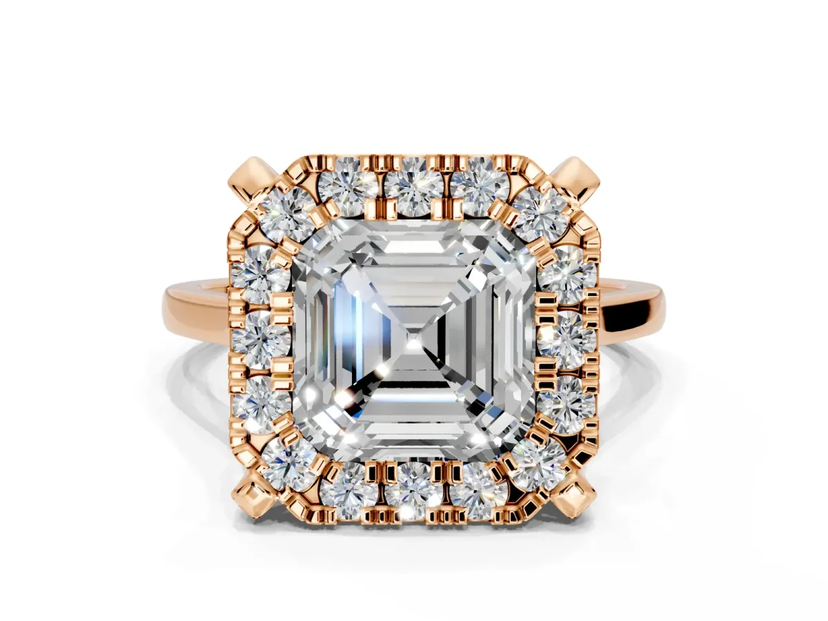 Single Halo Engagement Ring Setting for Asscher Cut Center with Corner Claws, Plain Band and Prong Head in Rose Gold
