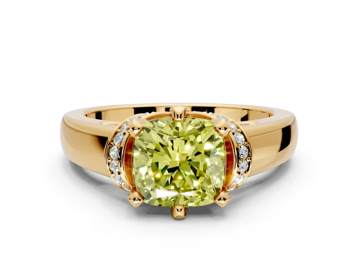 Solitaire Engagement Ring Setting for Fancy Yellow Cushion Cut Center with Wide Band, Pave Collar and Prong Head in Yellow Gold