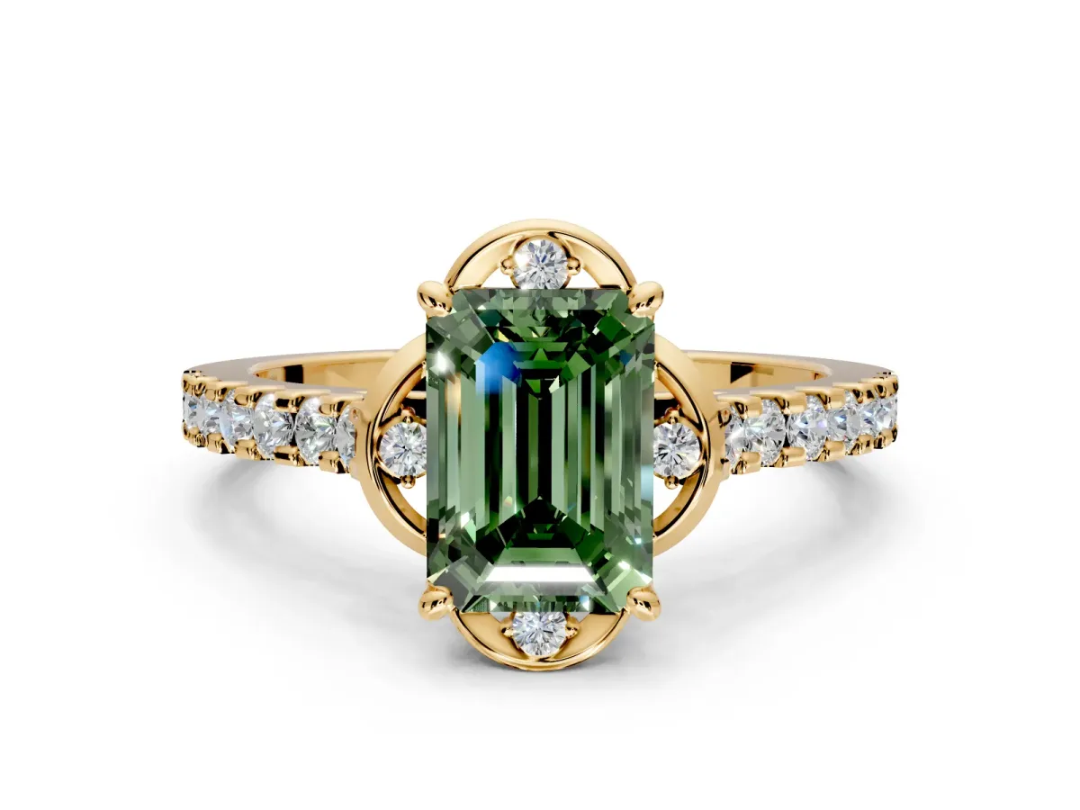 Floral Engagement Ring Setting for Fancy Green Emerald Cut Center with Pave Band and Floral Prong Head in Yellow Gold