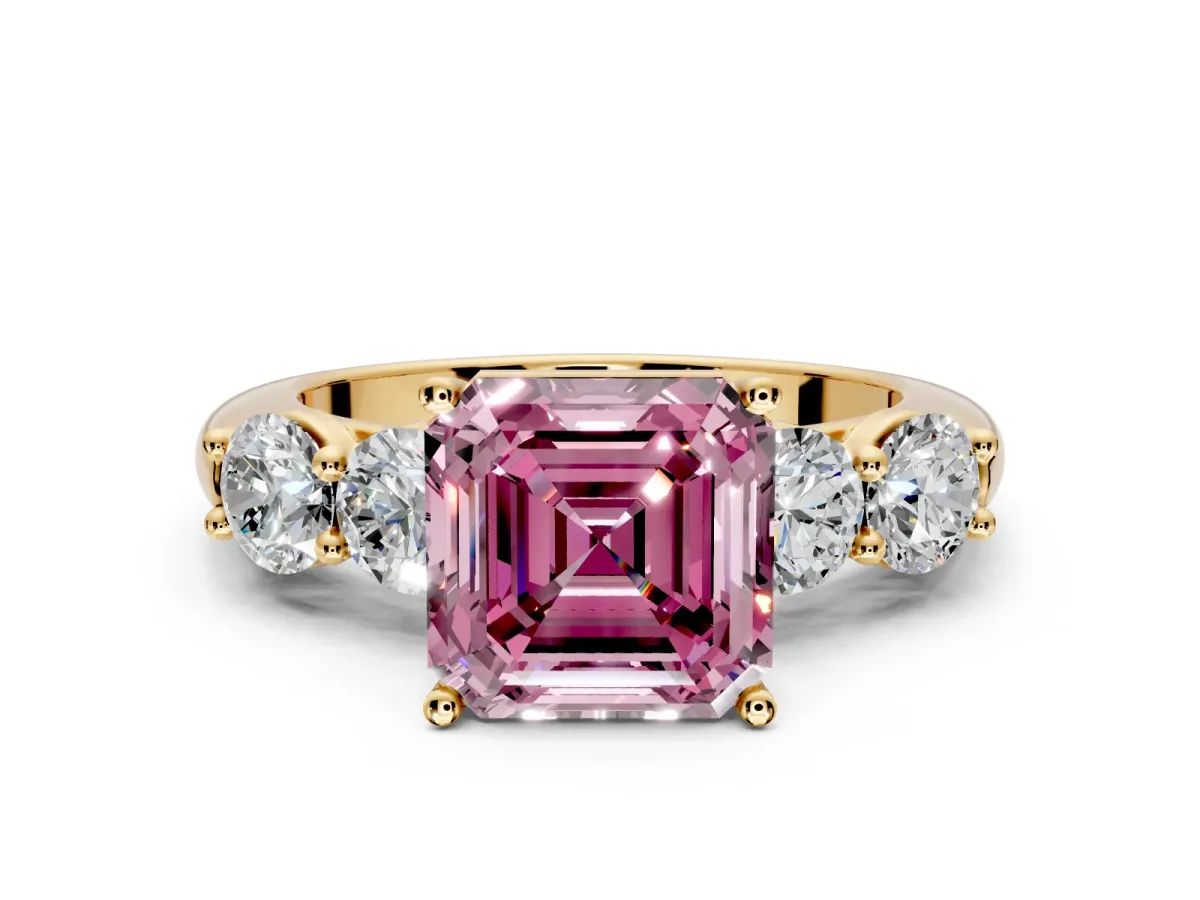 5 Stone Engagement Ring Setting for Fancy Pink Asscher Cut Center with Graduated Accents and Prong Head in Yellow Gold