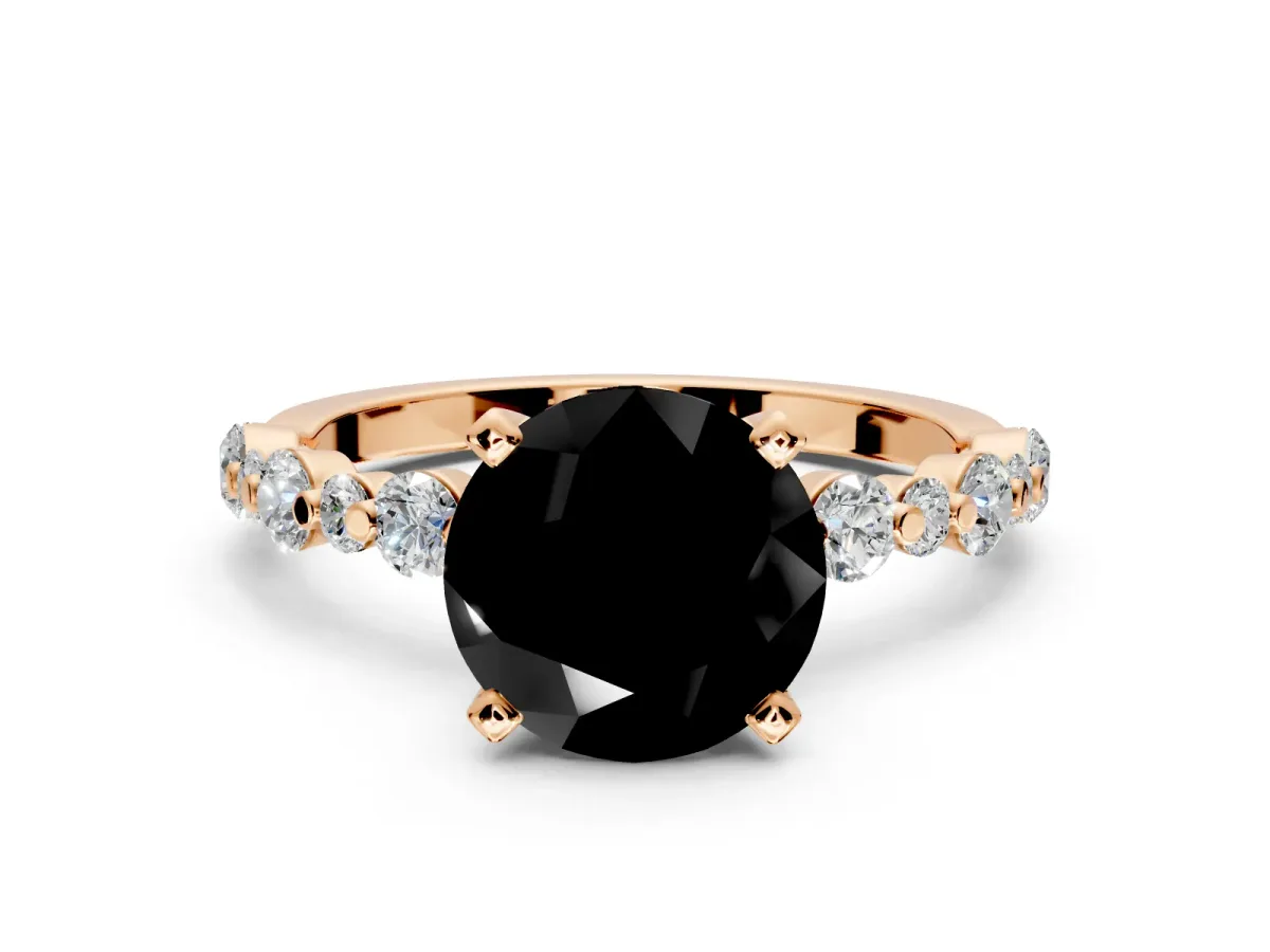 Solitaire Engagement Ring Setting for Fancy Black Round Cut Center with Alternating Size Accents and Prong Head in Rose Gold