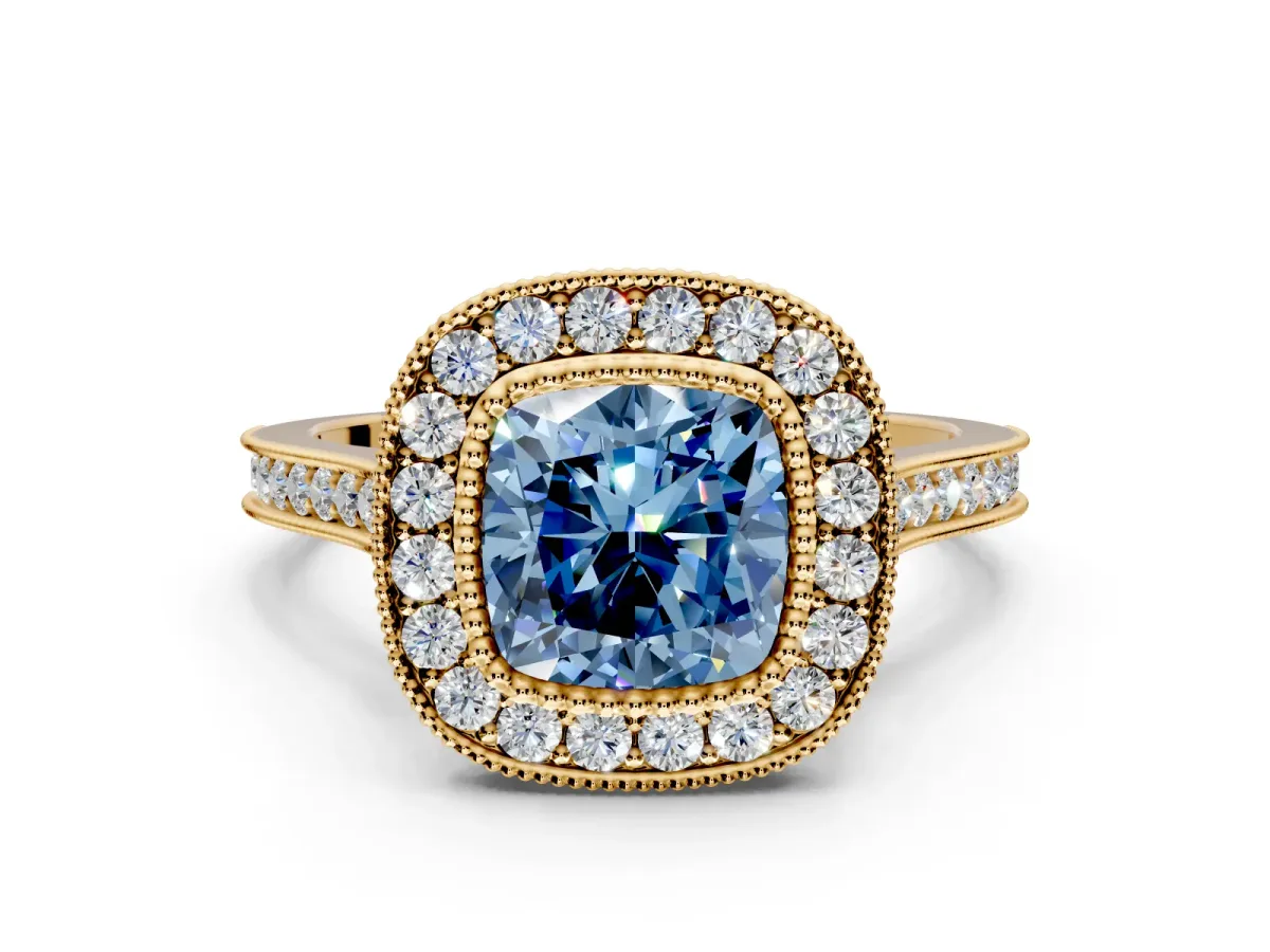 Halo Engagement Ring Setting for Fancy Blue Cushion Cut Center with Milgrain Frame, Pave Band and Prong Head in Yellow Gold