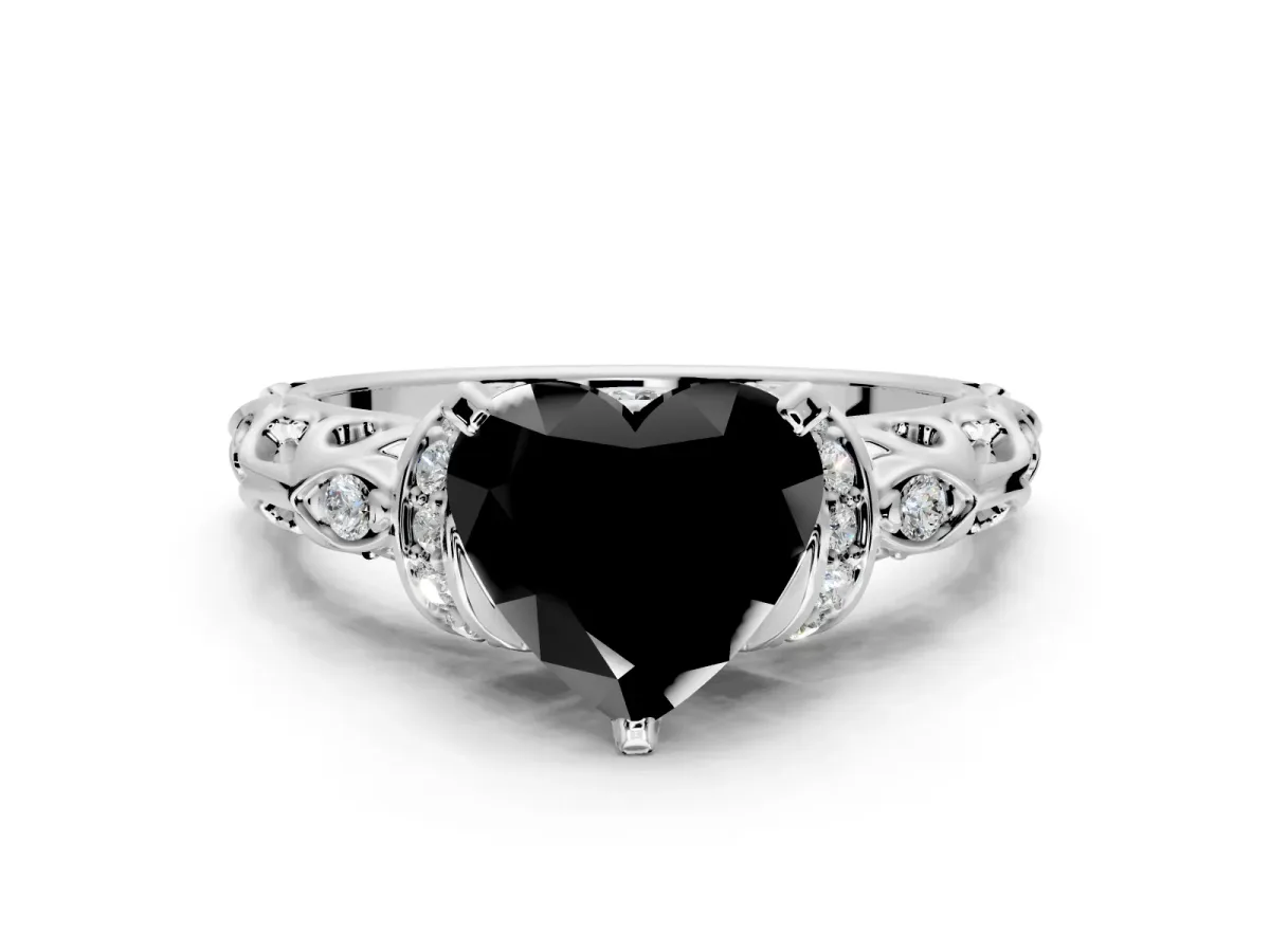 Solitaire Engagement Ring Setting for Fancy Black Heart-Shaped Center with Filigree Band and Prong Head in Sterling Silver